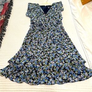 TOMMY HILFIGER Dress Chiffon Blue Pink Flowers Ruffled Sz 4 (Missing belt)